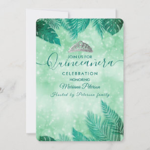 Invitation Bokeh tiara Quinceañera feuille tropicale