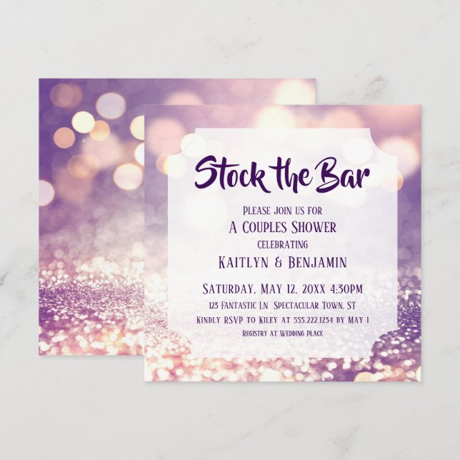 Invitation Bokeh violet et rose, Stock du Bar Couples Douche (Devant / Derrière)
