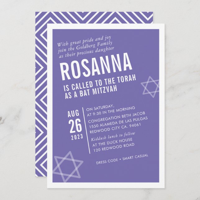 Invitation BOLD BAT MITZVAH mignon angle moderne lilas blanc (Devant / Derrière)