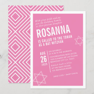 Invitation BOLD BAT MITZVAH simple angle moderne rose blanc