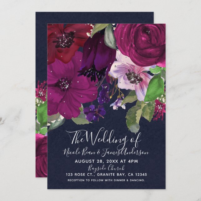 Invitation Bold Berry Fuchsia Floral Bouquet Chic Mariage (Devant / Derrière)
