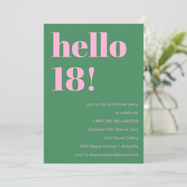 Invitation Bold Bright Modern Retro Pink Green 18th Birthday (Debout devant)