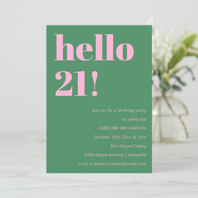 Invitation Bold Bright Modern Retro Pink Green 21st Birthday (Debout devant)