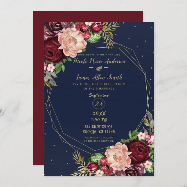 Invitation Bold Fall Floral Navy Blue Gold & Burgundy Mariage (Devant / Derrière)