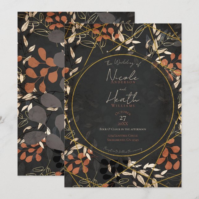 Invitation Bold Fall Floral Terracotta Gris Mariage Or (Devant / Derrière)