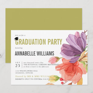 Invitation Bold Fleur sauvage Aquarelle Green Graduation Part
