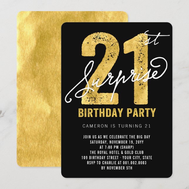 Invitation Bold Gold Foil Surprise 21ème anniversaire Invitat (Devant / Derrière)
