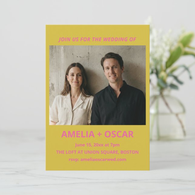 Invitation Bold Modern Chartreuse Pink Yellow Wedding Photo (Debout devant)
