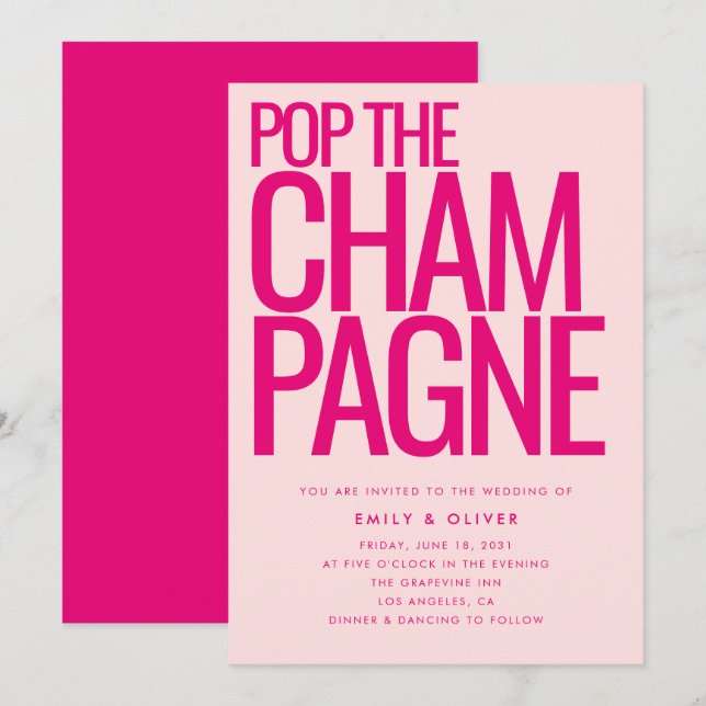 Invitation Bold Neon Pink Pop the Champagne Mariage moderne (Devant / Derrière)