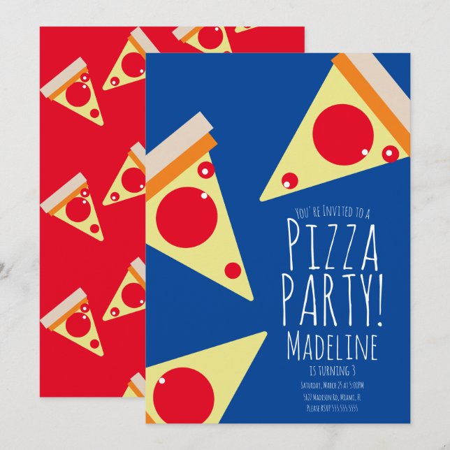 Invitation Bold Pizza Anniversaire Restaurant Blue (Devant / Derrière)