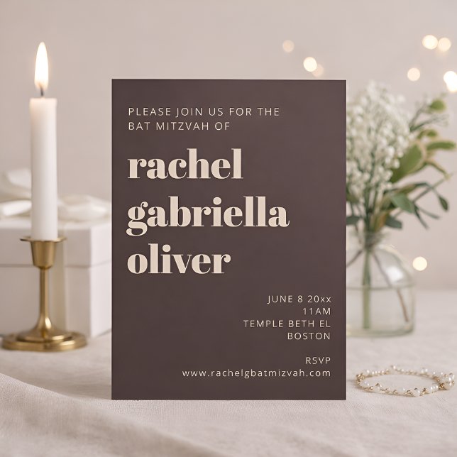 Invitation Bold Typography Earthy Brown Modern Bat Mitzvah (Créateur téléchargé)