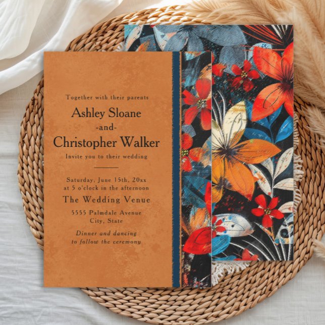 Invitation Bold Vibrant Orange Teal Red Flowers (Bold, vibrant orange, teal, red flowers boho-style wedding invitation)