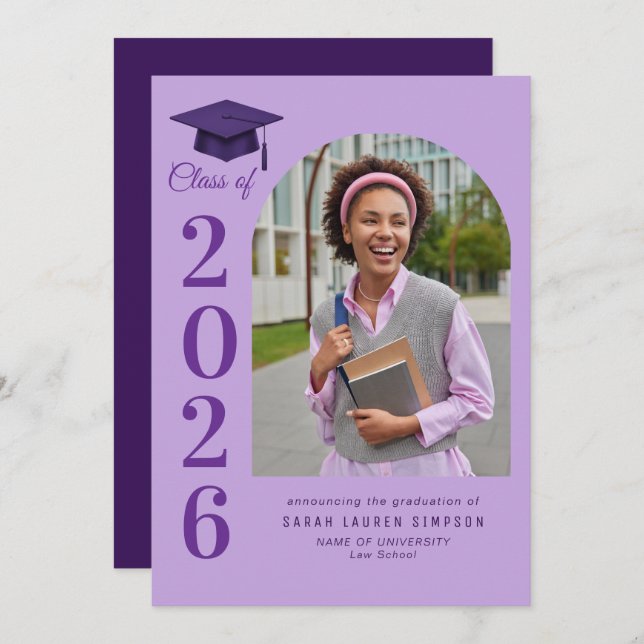 Invitation Bold year purple graduation photo announcement (Devant / Derrière)