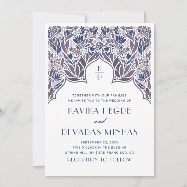Invitation Bollywood indien bleu violet mariage asiatique (Devant)