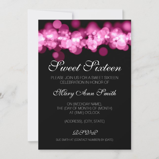 Invitation Bonbon 16 lumières de Bokeh de rose de fête (Devant)