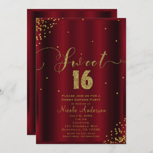 Invitation BONBON 16 seize rouges et coins de confettis d'or