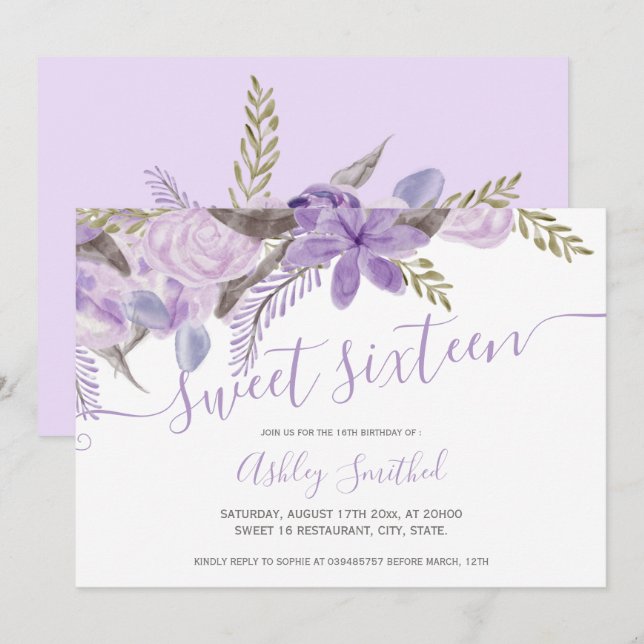 Invitation Bonbon floral 16 à typographie d'aquarelle de (Devant / Derrière)