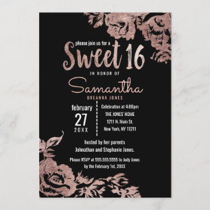 Invitation Bonbon floral 16 de noir à or Girly moderne de