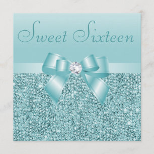 Invitation Bonbon turquoise 16 à paillettes, à arc et à