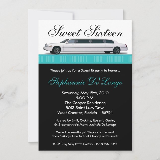 Invitation bonbon turquoise à limousine de 5x7 Turquoi (Devant)
