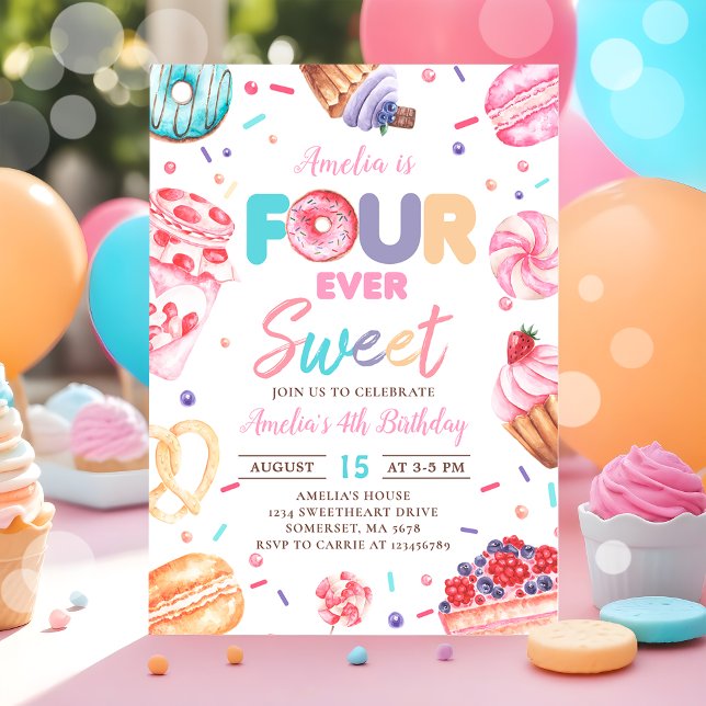 Invitation Bonbons de beignets sucrés de quatre ans Invitatio (Créateur téléchargé)