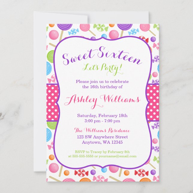 Invitation Bonbons sucré 16 Anniversaire (Devant)