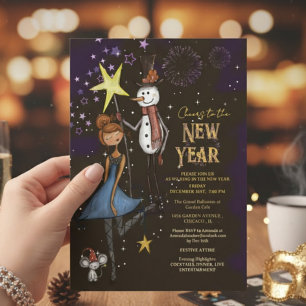 Invitation Bonhomme de neige fantaisiste et nuit étoilée du N