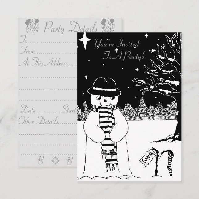 Invitation bonhomme de neige monochrome avec foulard invitati (Devant / Derrière)