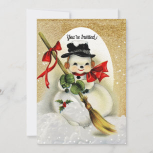 Invitation Bonhomme de neige vintage avec paillettes dorées F