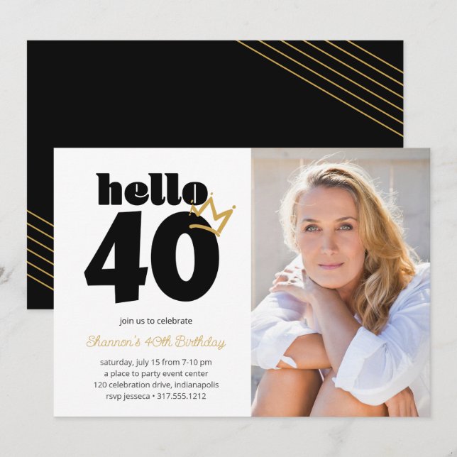 Invitation Bonjour 40 Milestone Anniversaire Couronne photo p (Devant / Derrière)