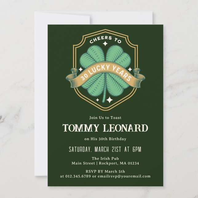 Invitation Bonjour à 30 ans Shamrock chanceux Anniversaire In (Devant)