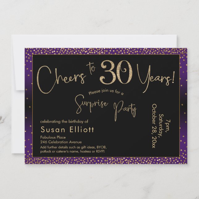 Invitation Bonjour à 30 ans Surprise Anniversaire, violet (Devant)