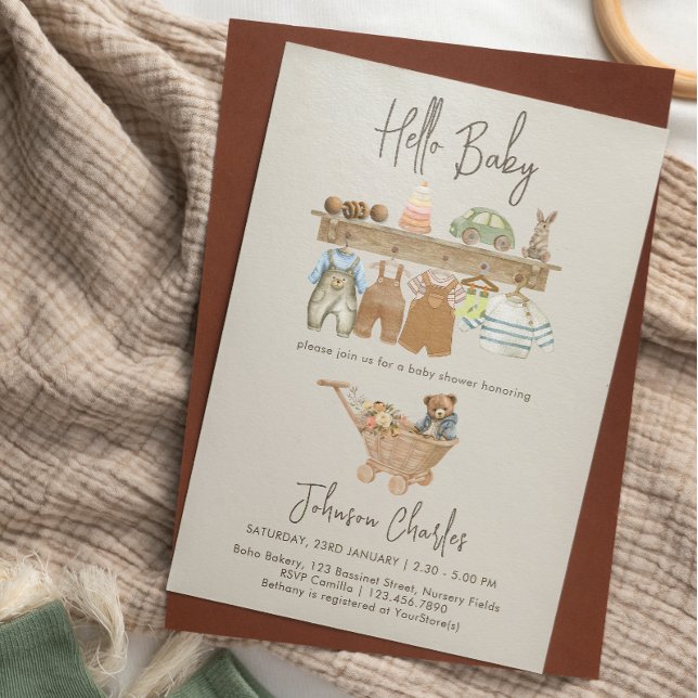 Invitation Bonjour Baby Boho Nursery Cute Baby shower neutre (Hello Baby Boho Nursery Cute Neutral Baby Shower Invitation)