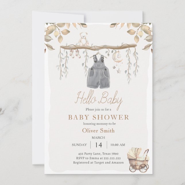 Invitation Bonjour Baby Boy Clothes Nursery Boho Baby shower (Devant)