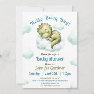 Invitation Bonjour Baby Boy Cute Dinosaur Baby shower bleu