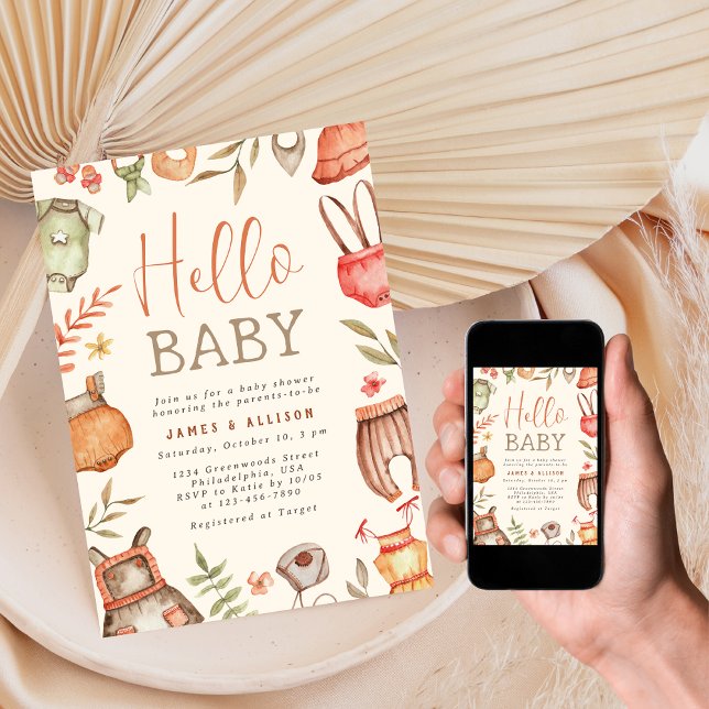 Invitation Bonjour Baby Fall Boho Vêtements Baby shower (Créateur téléchargé)