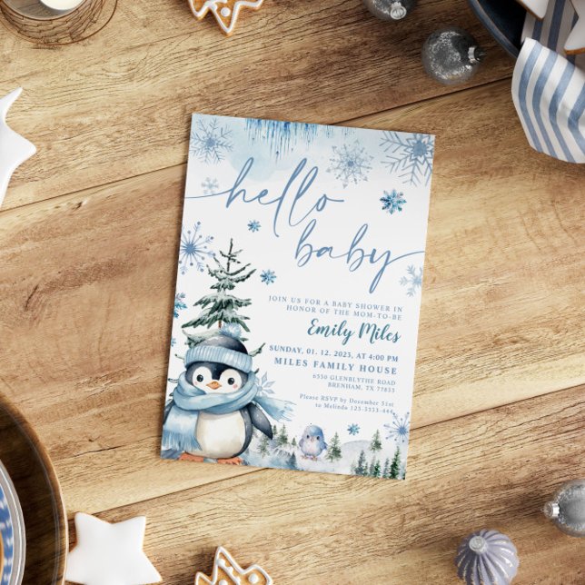 Invitation Bonjour Baby Penguin, baby shower bleu hiver (Créateur téléchargé)