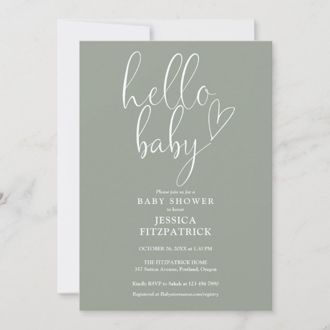 Invitation Bonjour Baby Sage vert Sage Baby shower neutre gen (Devant)