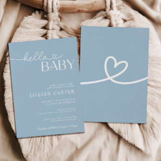 Invitation Bonjour Baby shower Coeur Bébé Bleu Minimaliste