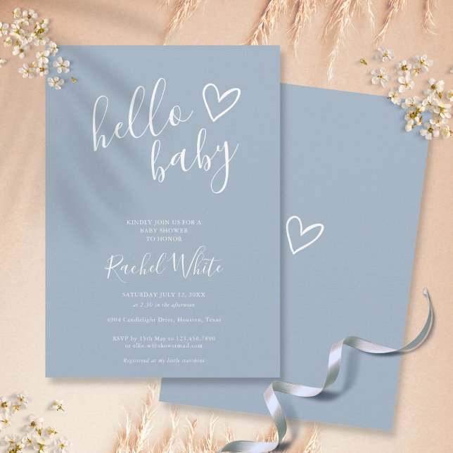 Invitation Bonjour Baby shower Coeur Dusty bleu minimaliste (Créateur téléchargé)
