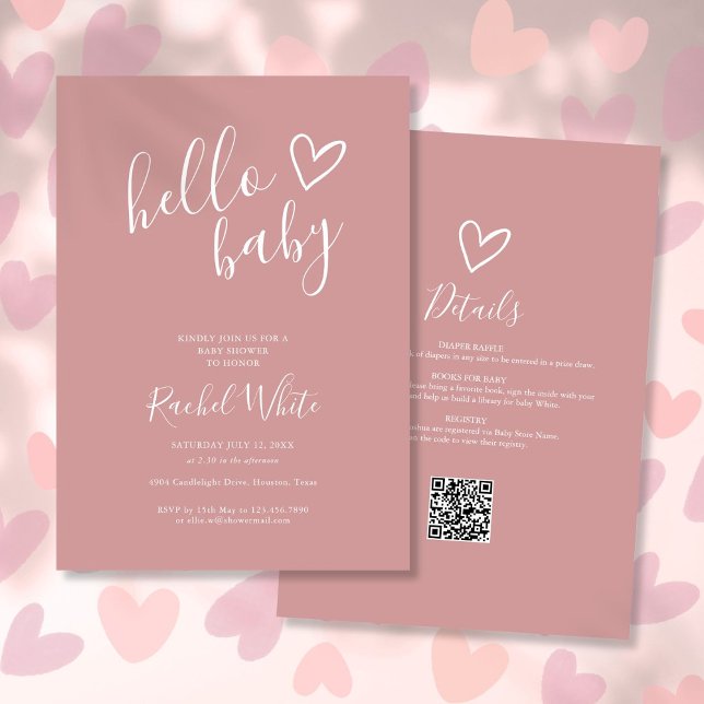 Invitation Bonjour Baby shower tout en un Dusty Rose rose (Hello Baby Shower All In One Dusty Rose Pink Invitation)