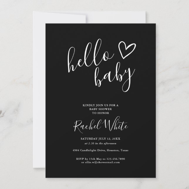 Invitation Bonjour Baby shower Tout En Un Noir Et Blanc (Devant)