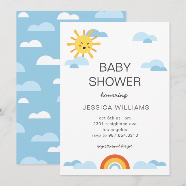 Invitation Bonjour Baby Sun Nuds Rainbow Baby shower Invitati (Devant / Derrière)