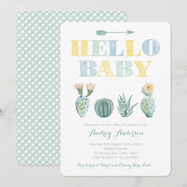 Invitation Bonjour Baby Team Green Genderless Cactus Baby sho (Devant / Derrière)