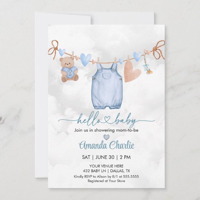 Invitation Bonjour Baby valentine's day Blue Boy baby shower (Devant)