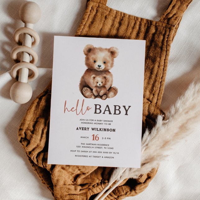 Invitation Bonjour Bébé Aquarelle Ours Bois Baby shower (Créateur téléchargé)