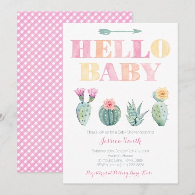 Invitation Bonjour bébé ! Baby shower Cactus ou Sip et voir (Devant / Derrière)