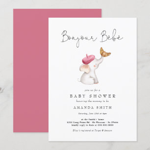 Invitation Bonjour Bebe Baby shower français rose éléphant