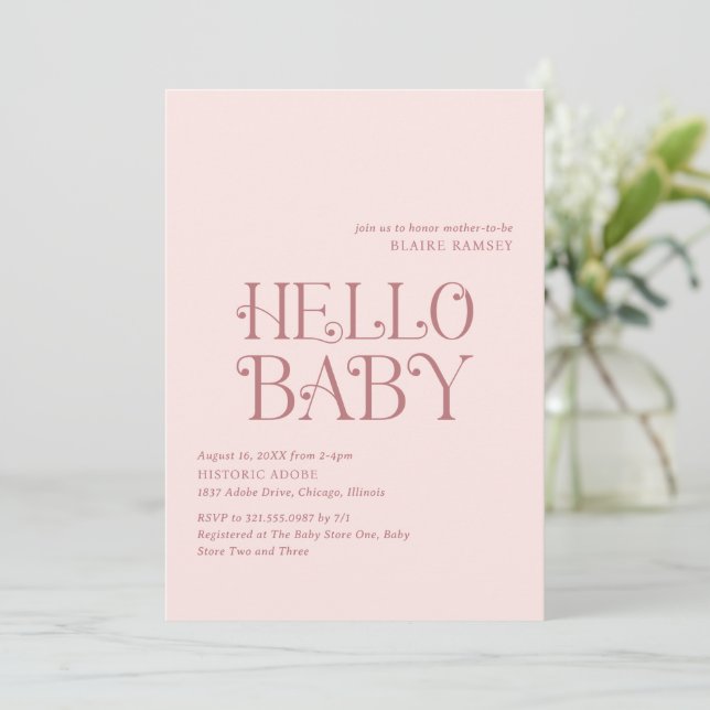 Invitation Bonjour Bébé Blush Pink Baby shower moderne (Debout devant)