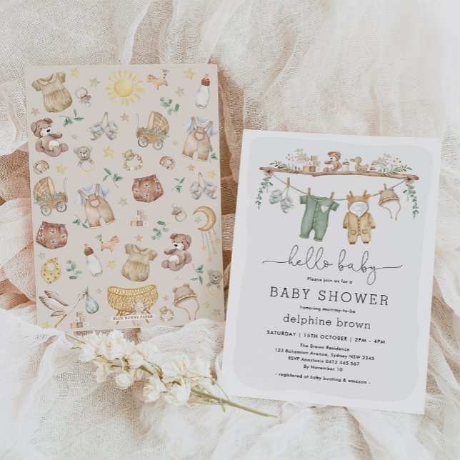 Invitation Bonjour bébé Boho moderne Vêtements bébé Neutre Do (Créateur téléchargé)